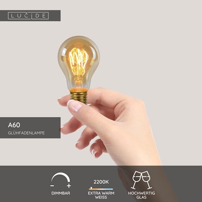 Lucide A60 - Glühfadenlampe - Ø 6 cm - LED 3 StepDim (Memory) - E27 - 1x4,9W 2200K - Amber